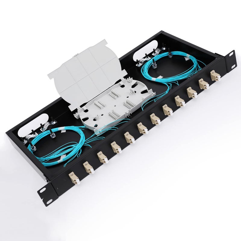 GESD LC-OM3 12 Duplex 24 Port Fiber Enclosure Rack Mount Fiber Box MultiMode LC-UPC Kit 1 RU Fits 19" Racks Cabinet (Include 2Pcs Splice Trays 48 Strand OM3 Pigtail 1M Cables Spool+LGX Loaded Patch Panel - Image 1